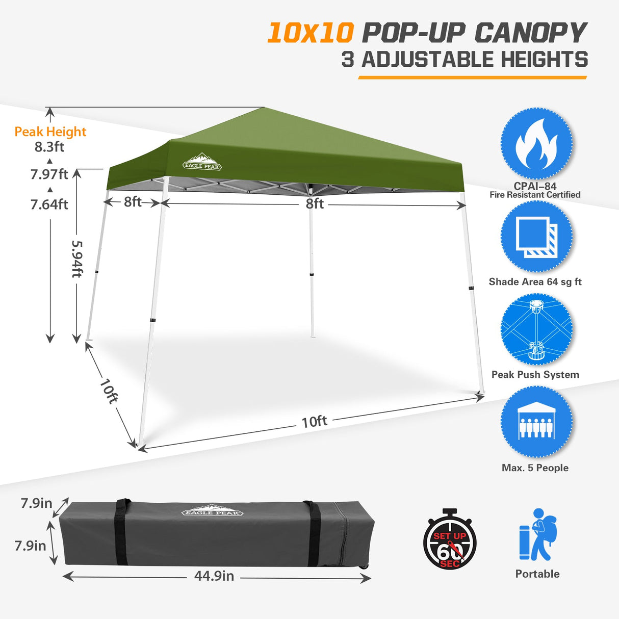 Slant Leg Pop up Canopy Tent, 10x10 Base 8x8 Top - Eagle Peak Custom Canopy Tent
