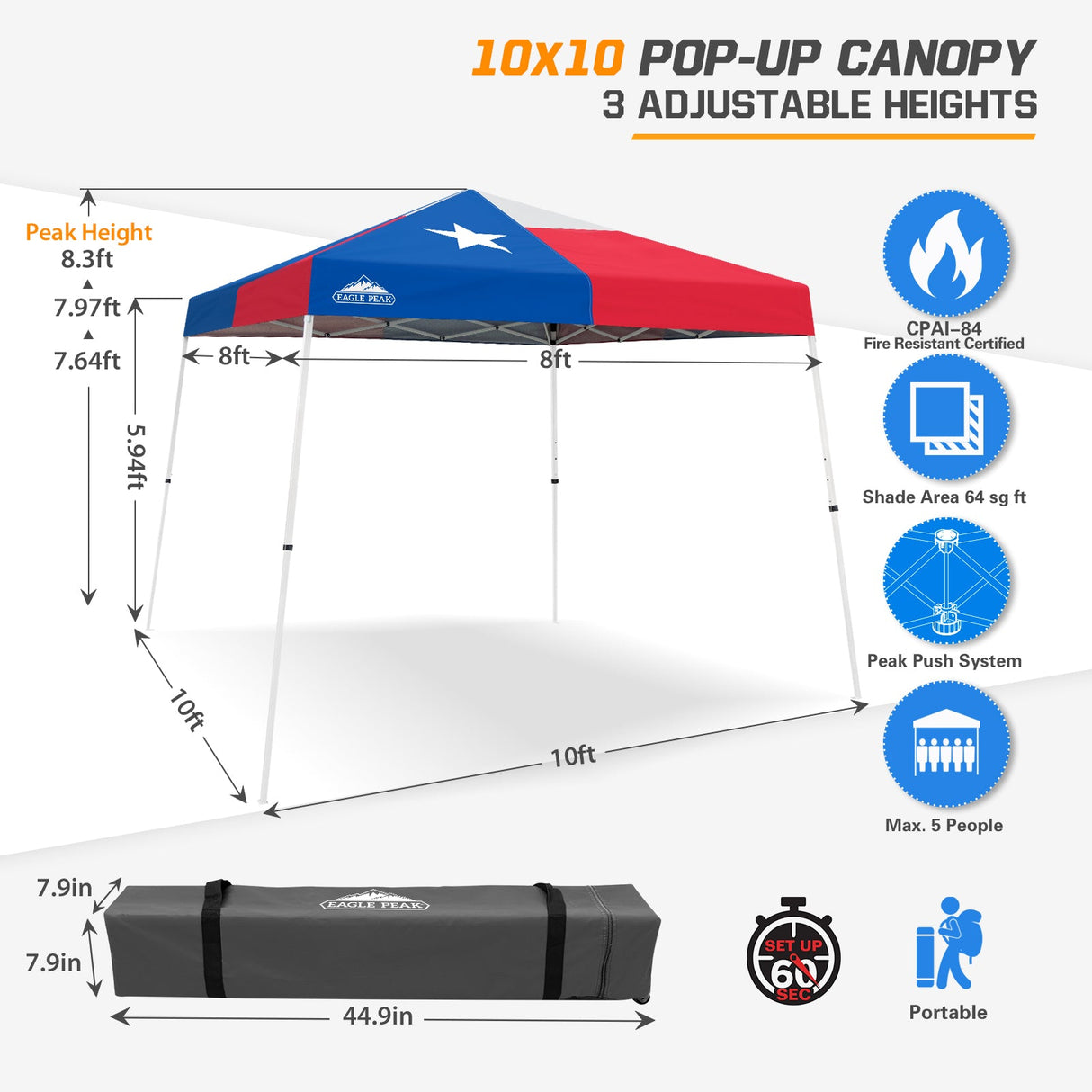 Slant Leg Pop up Canopy Tent, 10x10 Base 8x8 Top - Eagle Peak Custom Canopy Tent