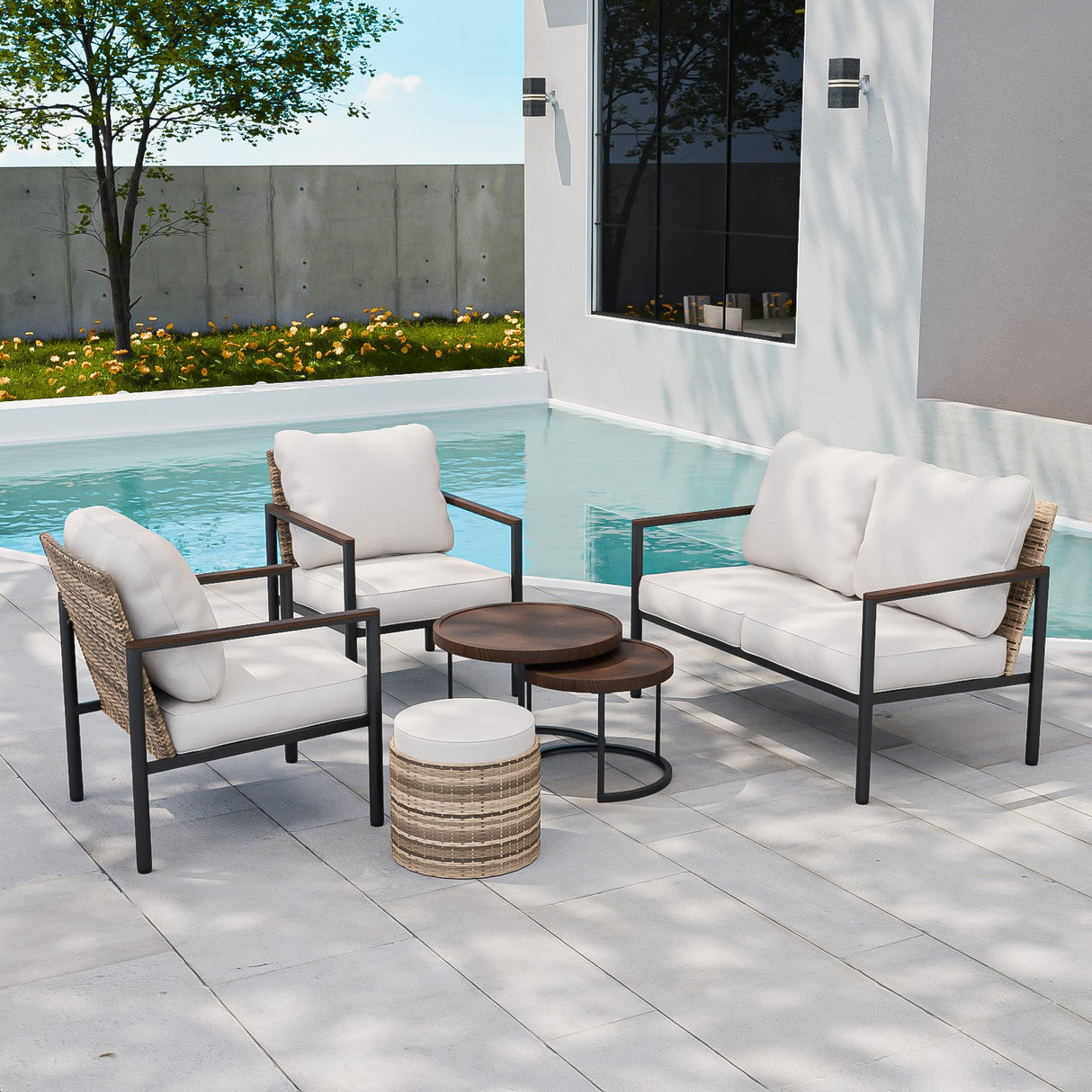 Sunset Dune Outdoor 6 PCS Patio Furniture, 2 Chairs 1 Loveseat 2 Tables Ottoman - Eagle Peak Custom Canopy Tent