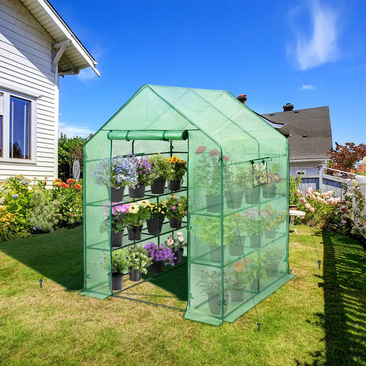 Walk In 3 - Tier Greenhouse with Wire Shelves, 56"x56"x76" - Eagle Peak