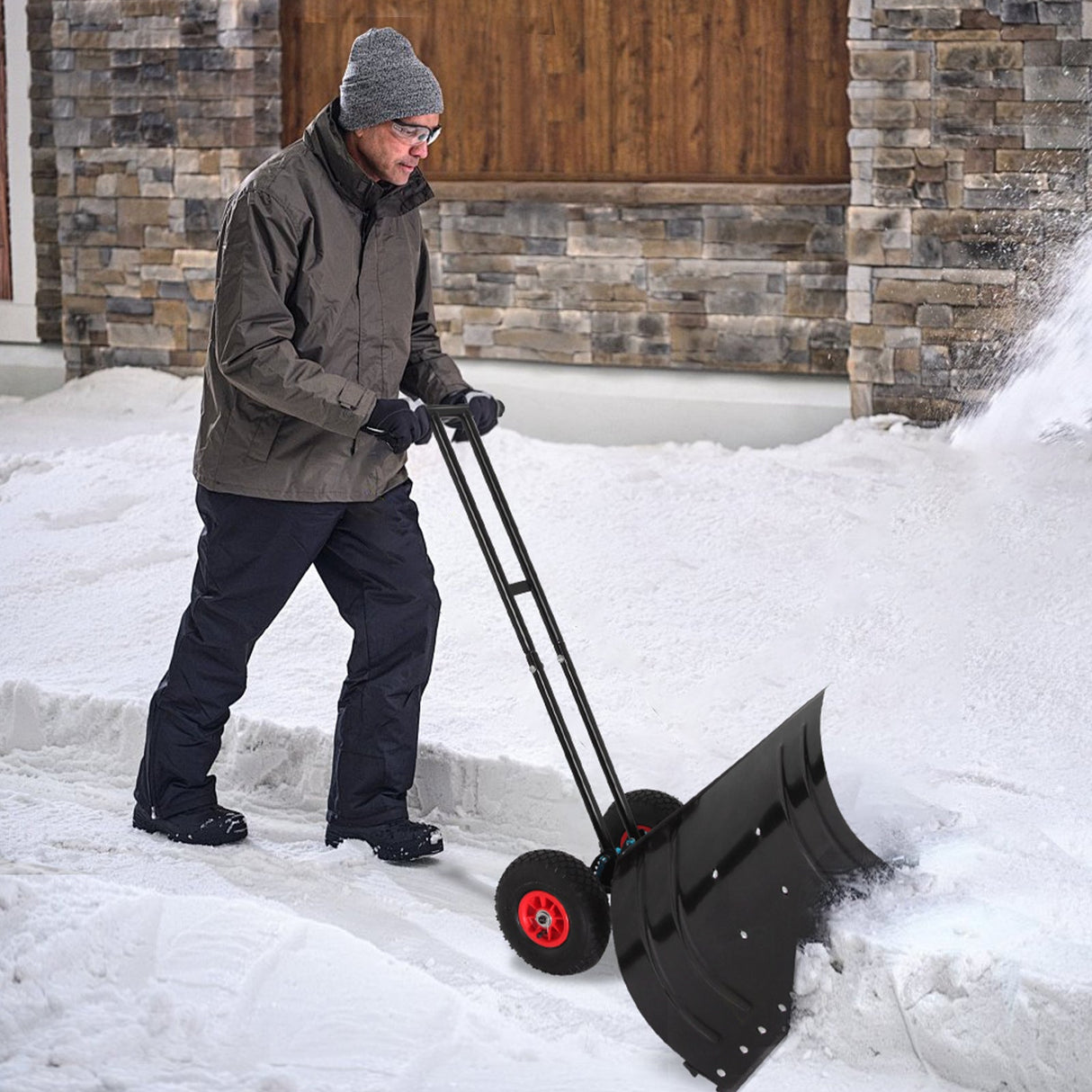 Wheeled Snow Shovel for Driveway 29”x16.5” Blade, Single/Dual Rod - Eagle Peak Custom Canopy Tent