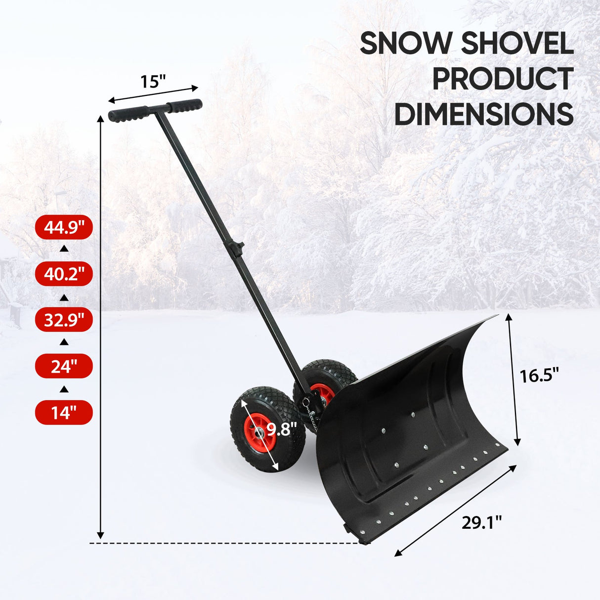 Wheeled Snow Shovel for Driveway 29”x16.5” Blade, Single/Dual Rod - Eagle Peak Custom Canopy Tent