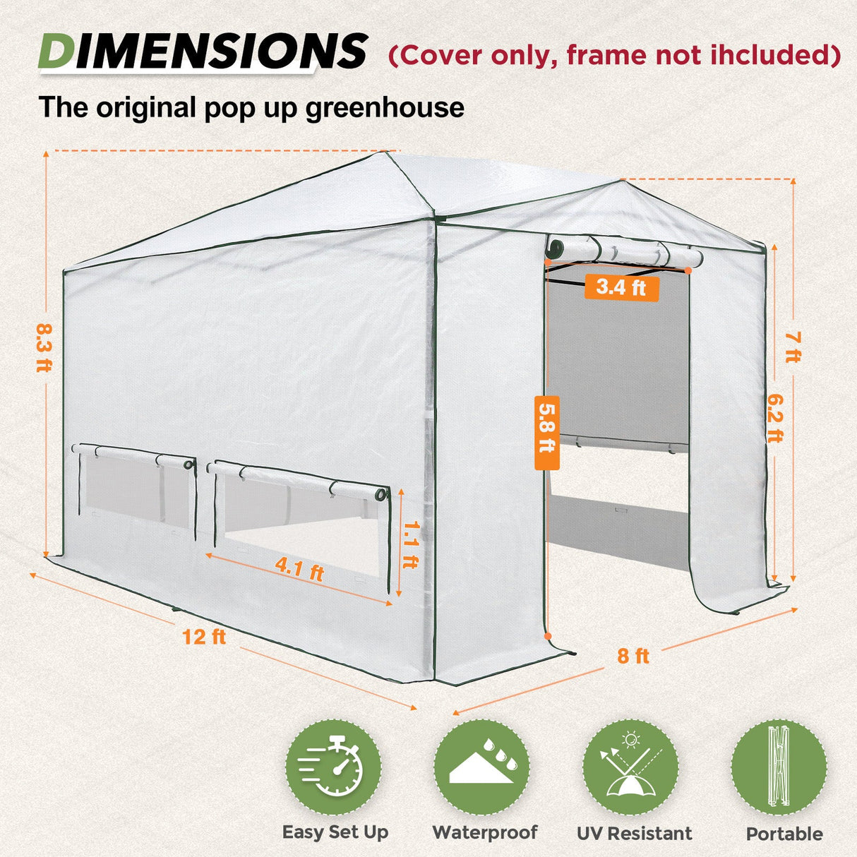 Woven Replacement Cover for 8x6/12x8 Portable Walk - in Pop up Greenhouse(Frame Not Included), White - Eagle Peak Custom Canopy Tent