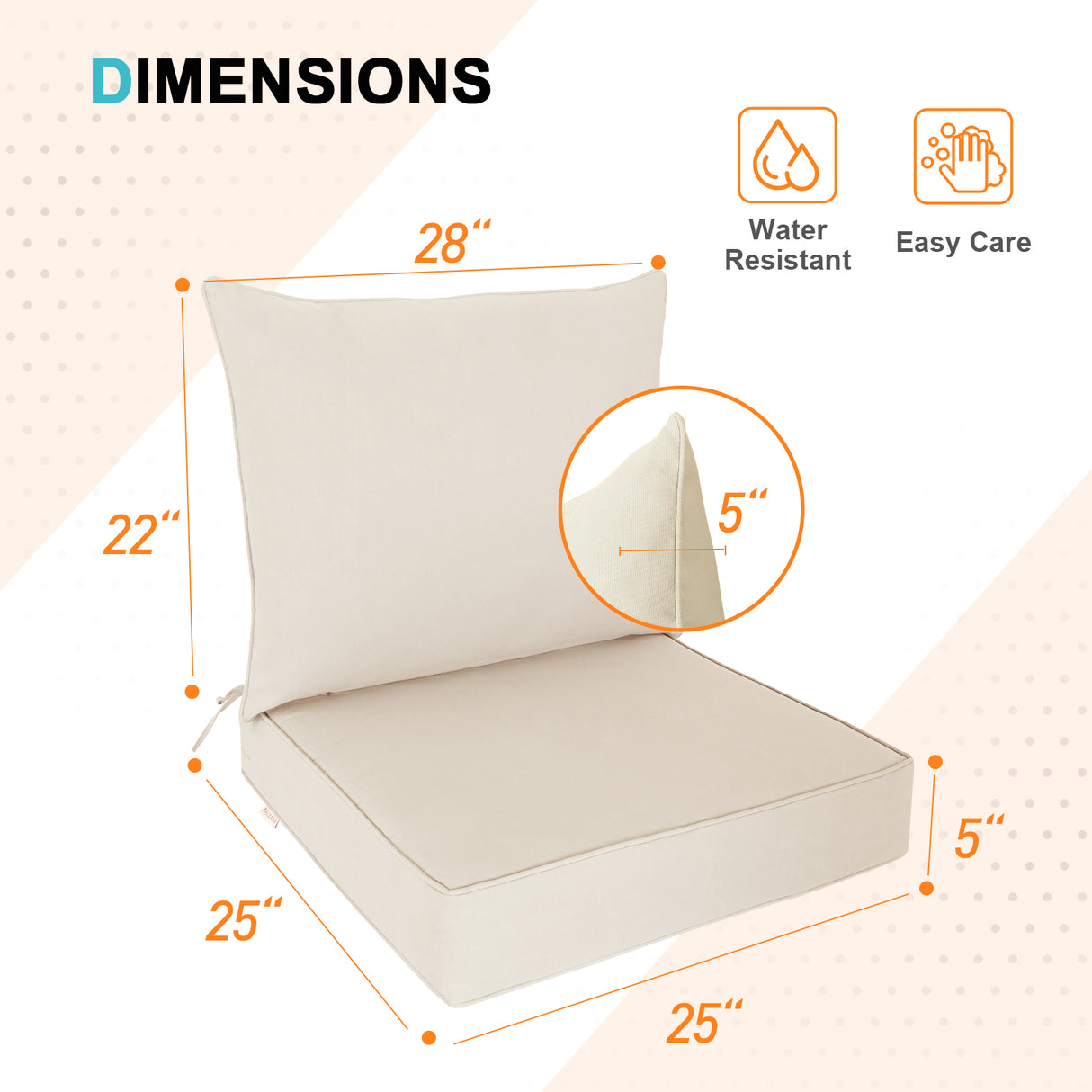 Outdoor Deep Seat Patio Seat Cushion Set, 25x25x5 inch, 2-Piece Back Chair Cushion