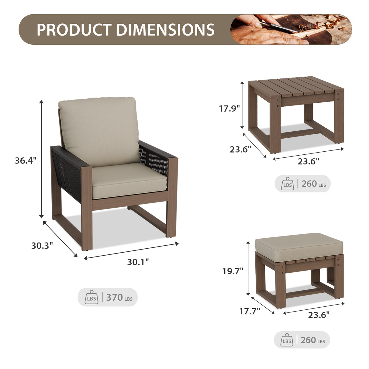 Natural Cedar Furniture Set, Chairs with Ottomans and Table, 5 Pieces