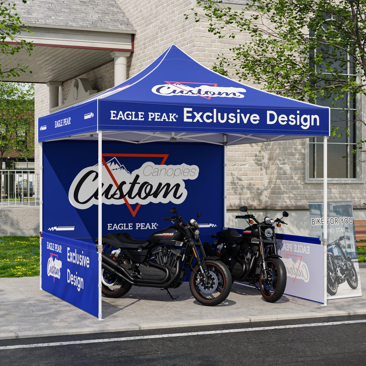 10x10 Alpine Custom Commercial Canopy High Peak Frame, Pop Up Custom Canopy Tent with Logo, 1 Wall & 2 Half Walls - Eagle Peak Custom Canopy Tent
