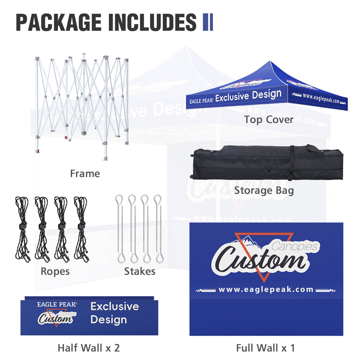 10x10 Alpine Custom Commercial Canopy High Peak Frame, Pop Up Custom Canopy Tent with Logo, 1 Wall & 2 Half Walls - Eagle Peak Custom Canopy Tent