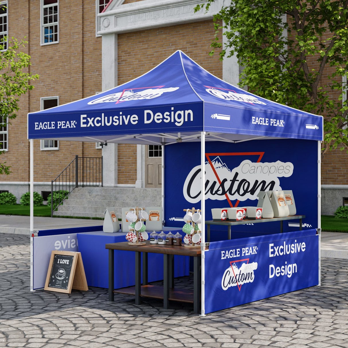 10x10 Alpine Custom Commercial Canopy High Peak Frame, Pop Up Custom Canopy Tent with Logo, 1 Wall & 2 Half Walls - Eagle Peak Custom Canopy Tent