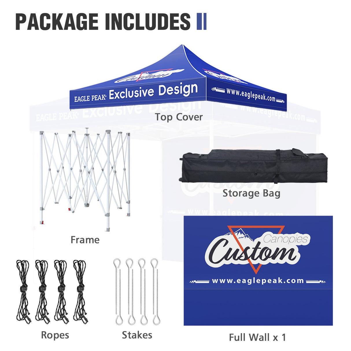 10x10 Alpine Custom Commercial Canopy High Peak Frame with Logo, 1 Wall Panel - Eagle Peak Custom Canopy Tent