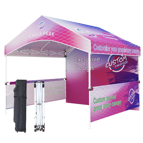 10x10 Alps Custom Commercial Canopy with 1 Wall Panel 2 Half Walls and Gable Roof, Pop Up Custom Canopy Tent with Logo - Eagle Peak Custom Canopy Tent