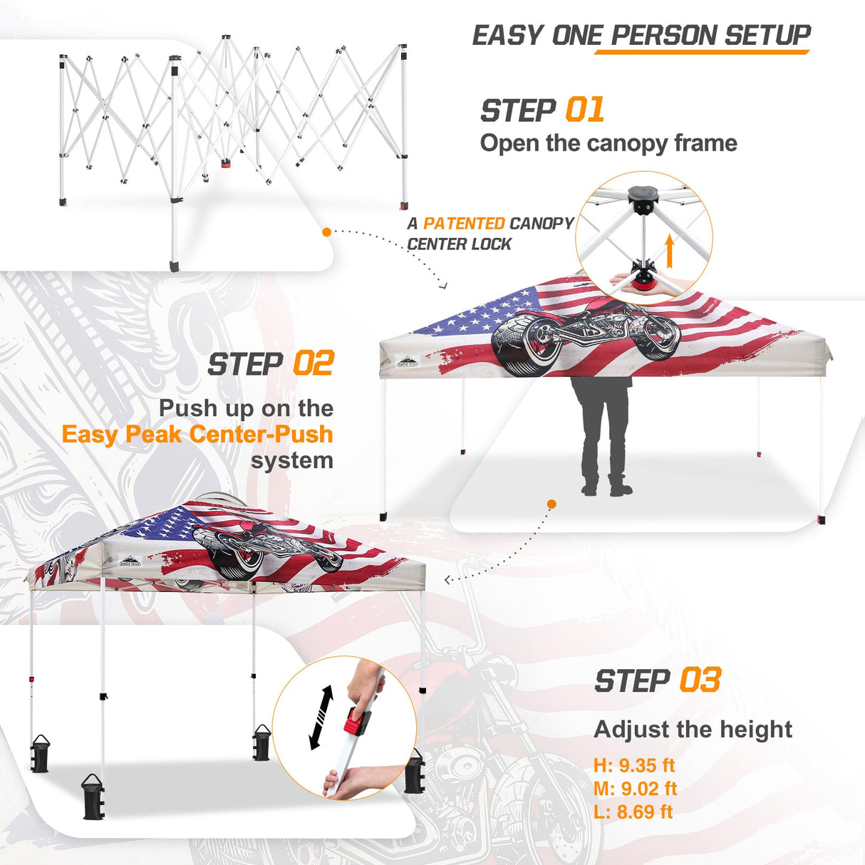 10x10 Pop Up Canopy, Straight Leg Pop Up Tent, Motorcycle Skull - Eagle Peak Custom Canopy Tent