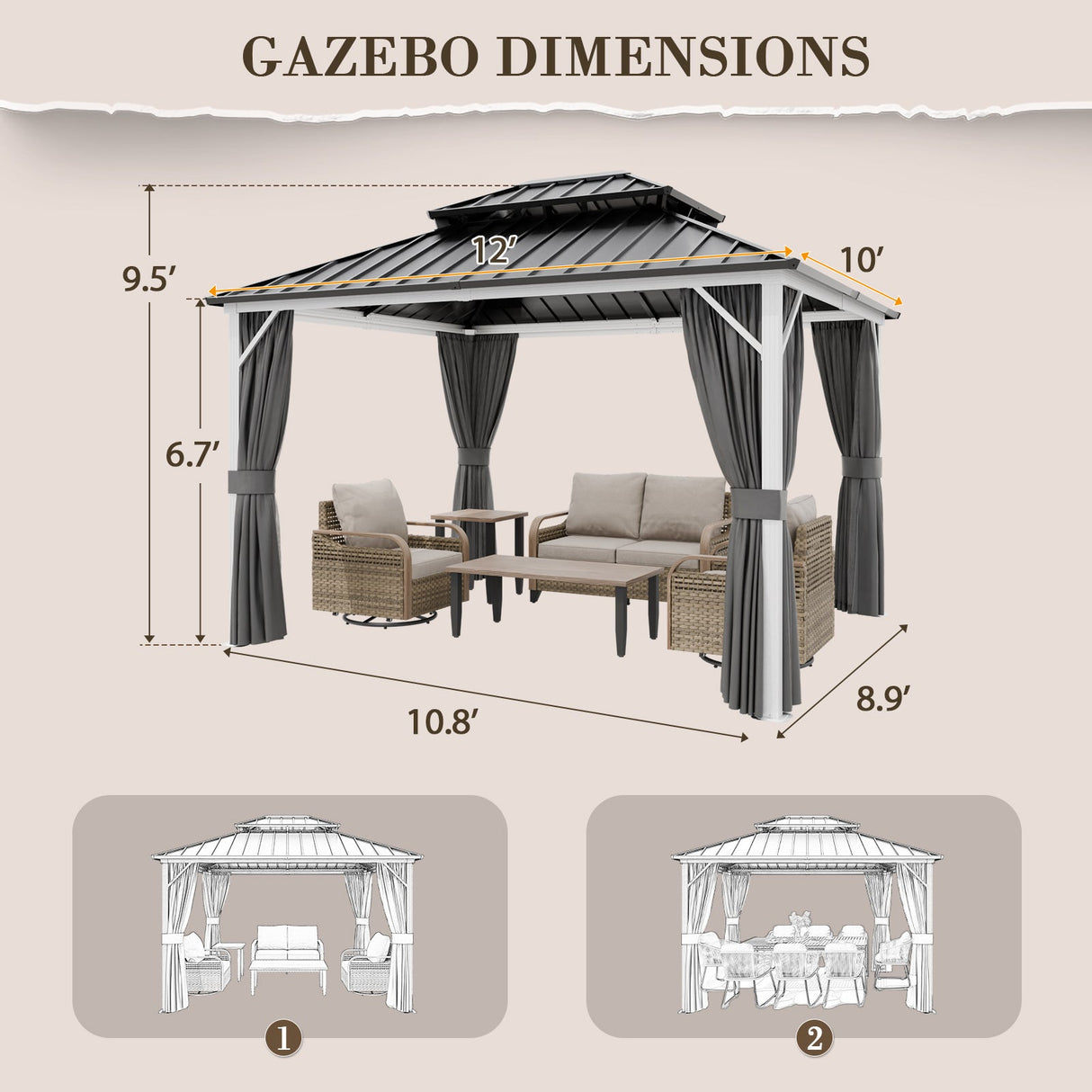 12x10/12x12/12x14/12x16/12x18/12x20 Hardtop Gazebo, Galvanized Steel Double Roof with Aluminum Frame - Eagle Peak Custom Canopy Tent