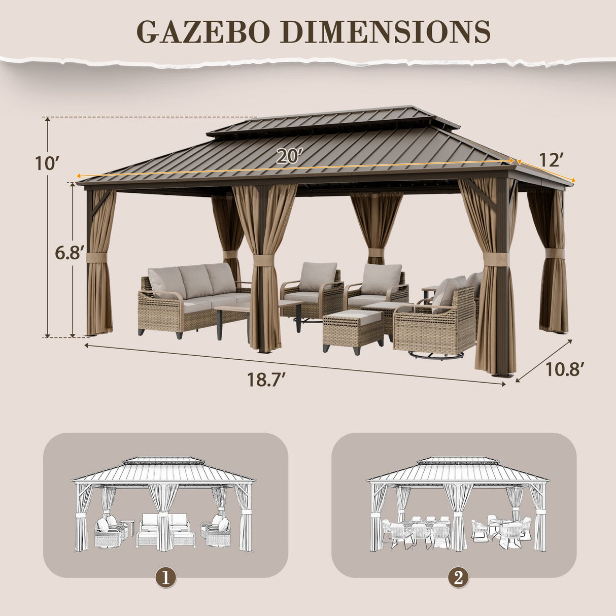 12x20 Hardtop Gazebo, Galvanized Steel Double Roof with Aluminum Frame - Eagle Peak Custom Canopy Tent