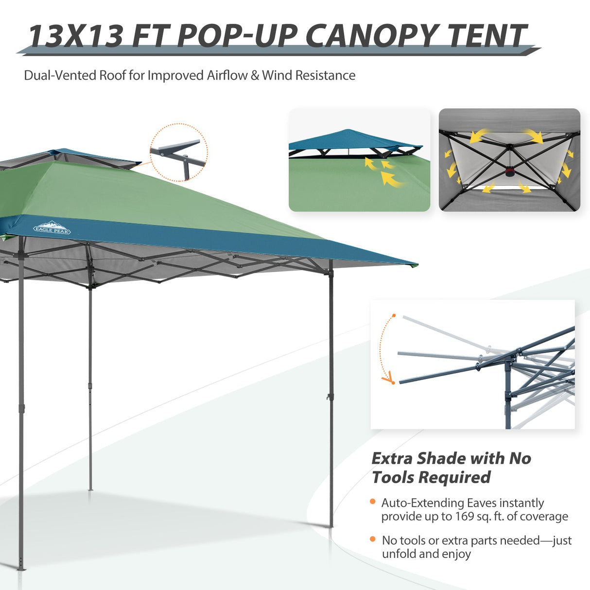 13x13 Straight Leg Pop Up Canopy Tent with 169 sqft of Shade - Eagle Peak Custom Canopy Tent