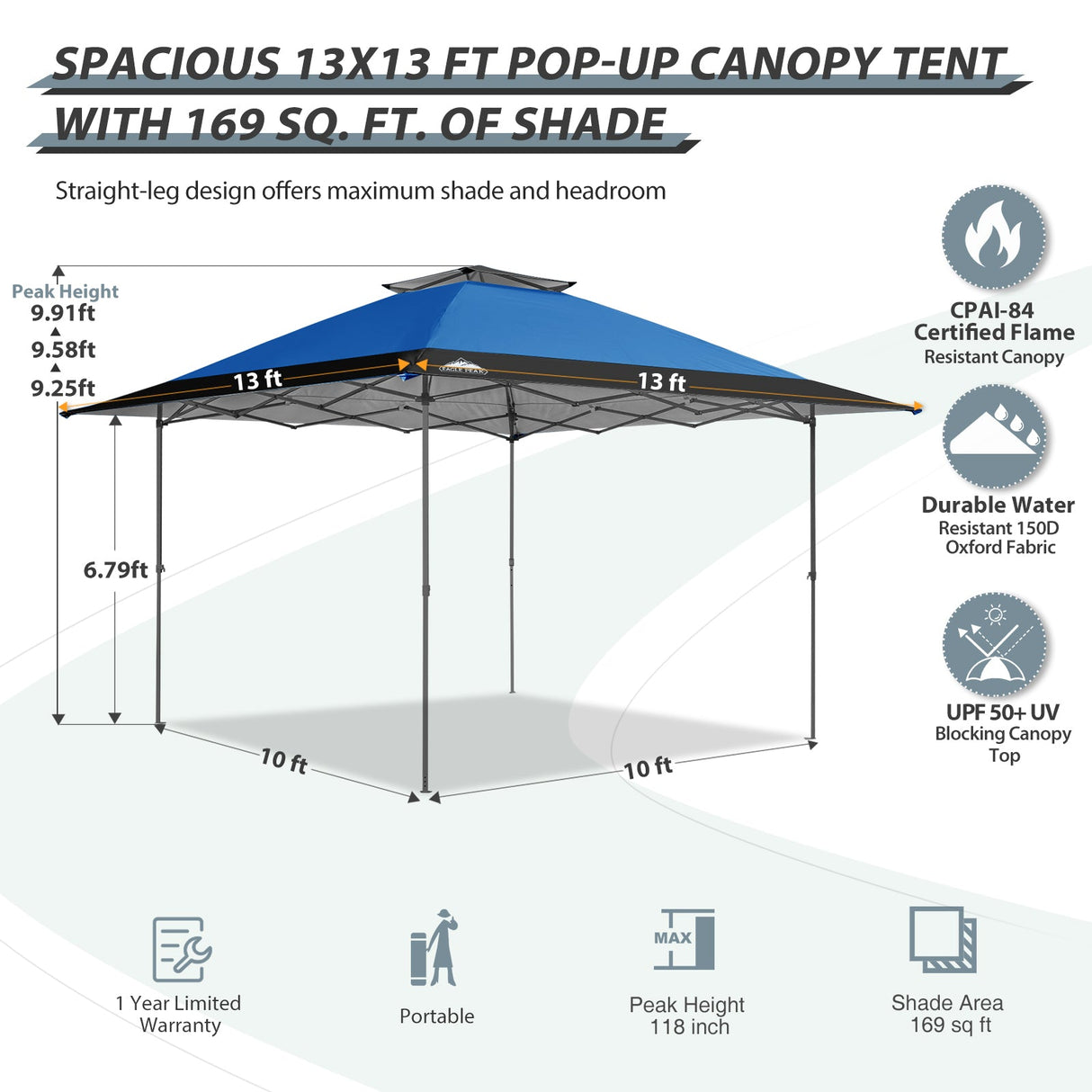 13x13 Straight Leg Pop Up Canopy Tent with 169 sqft of Shade - Eagle Peak Custom Canopy Tent