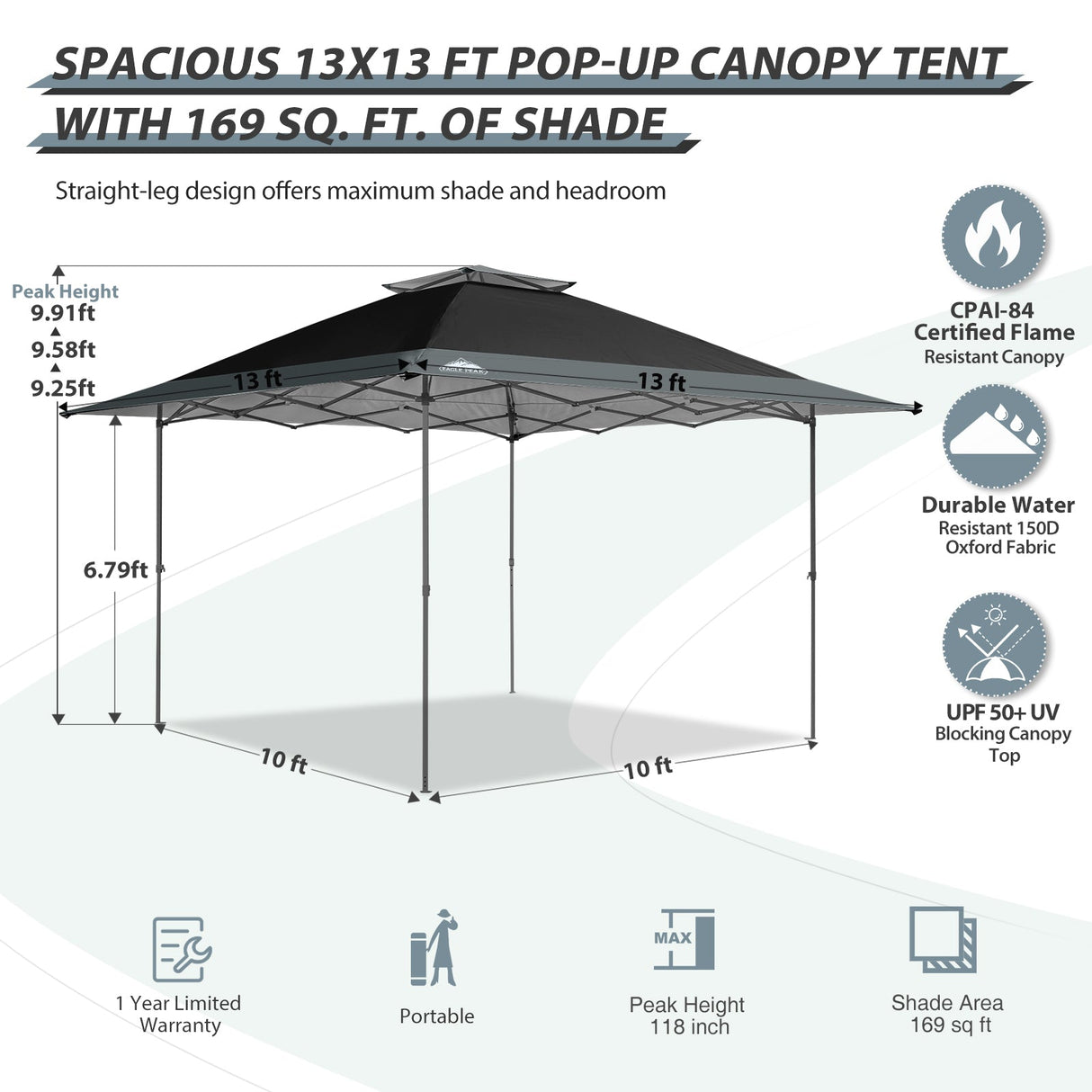 13x13 Straight Leg Pop Up Canopy Tent with 169 sqft of Shade - Eagle Peak Custom Canopy Tent
