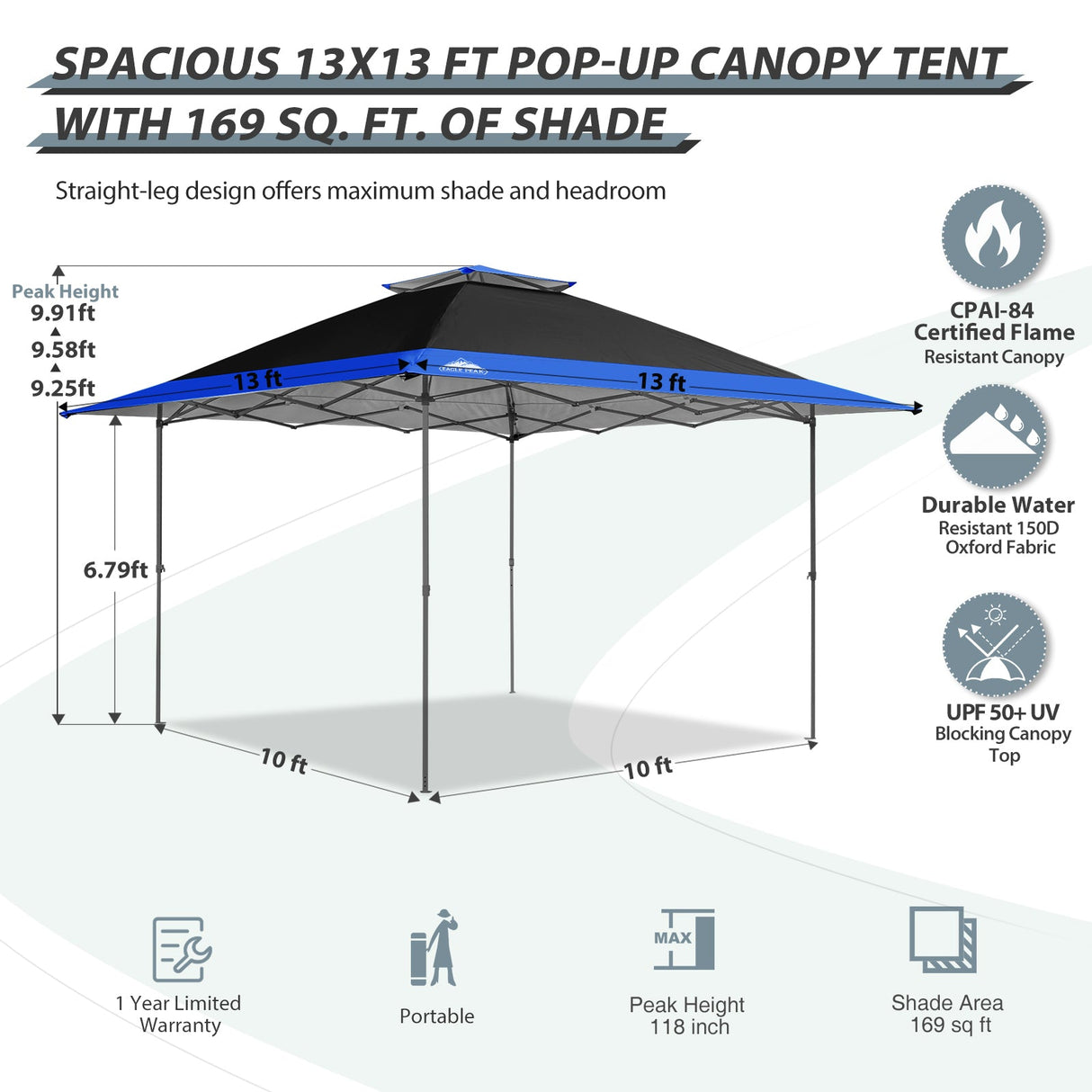 13x13 Straight Leg Pop Up Canopy Tent with 169 sqft of Shade - Eagle Peak Custom Canopy Tent