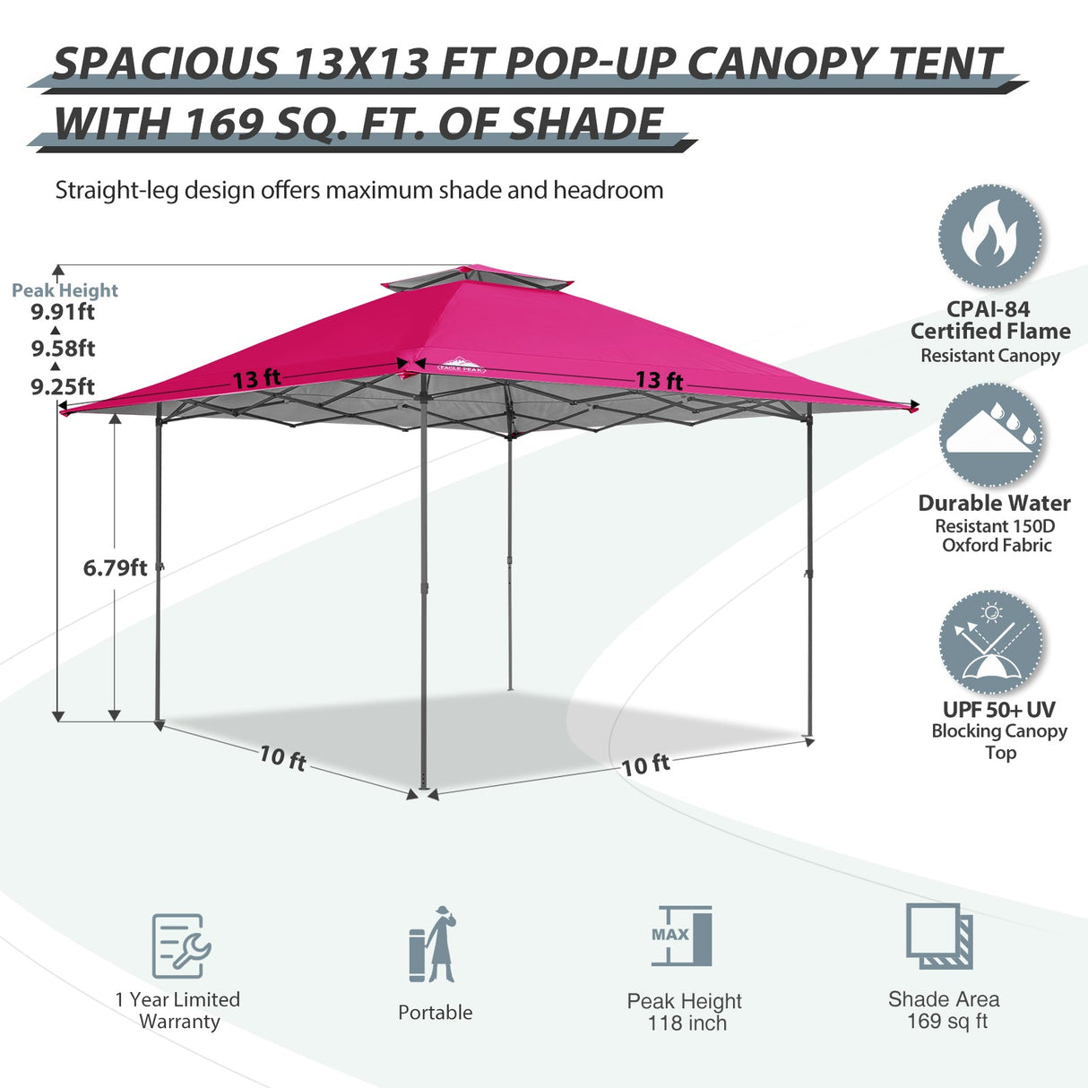 13x13 Straight Leg Pop Up Canopy Tent with 169 sqft of Shade - Eagle Peak Custom Canopy Tent