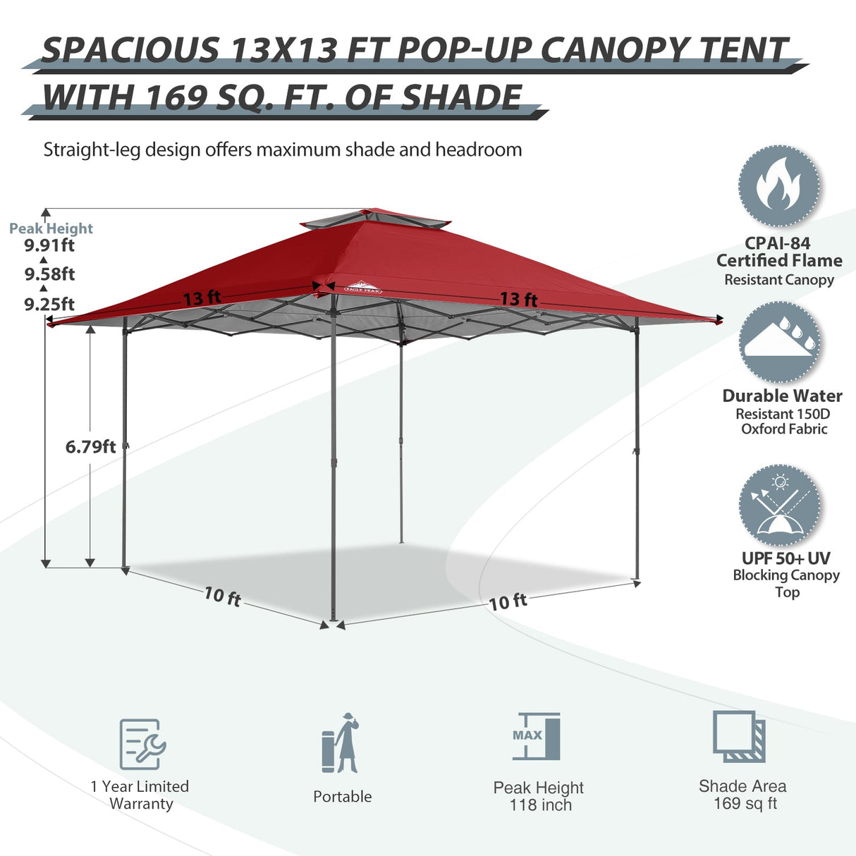 13x13 Straight Leg Pop Up Canopy Tent with 169 sqft of Shade - Eagle Peak Custom Canopy Tent