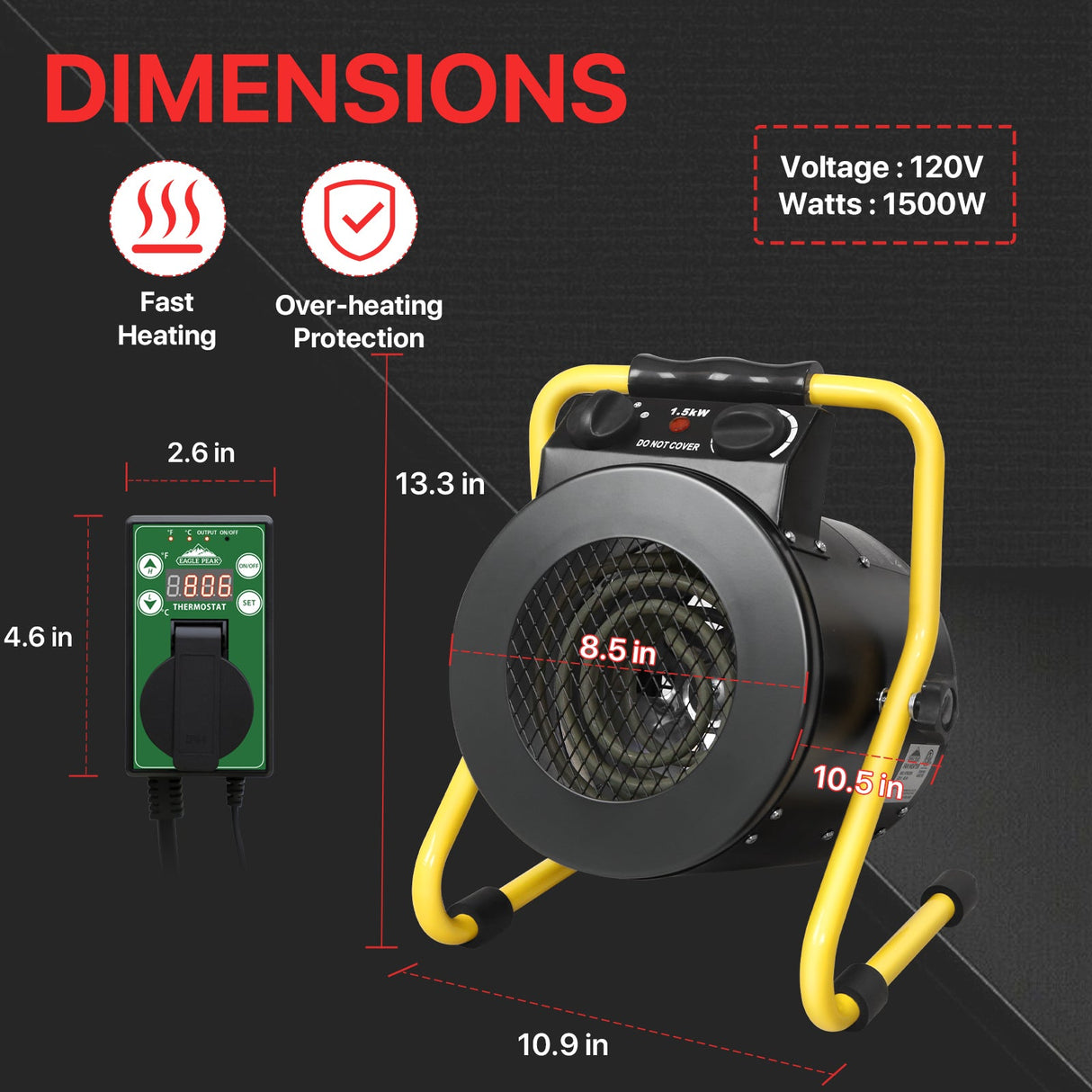 1500W Greenhouse Heater with Thermostat,black - Eagle Peak Custom Canopy Tent