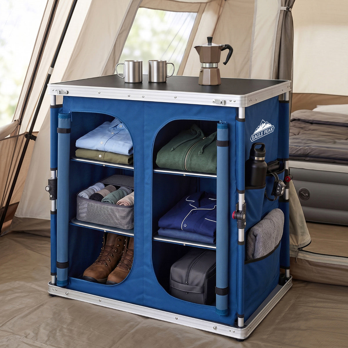 Double Camping Folding Table with Storage Organizer and Side Pockets