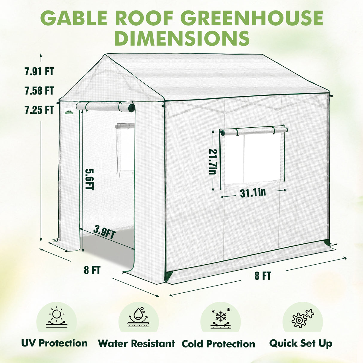 6x6/ 8x8/ 10x10 Portable Pop Up Greenhouse, Patented Center Lock with Gable Roof
