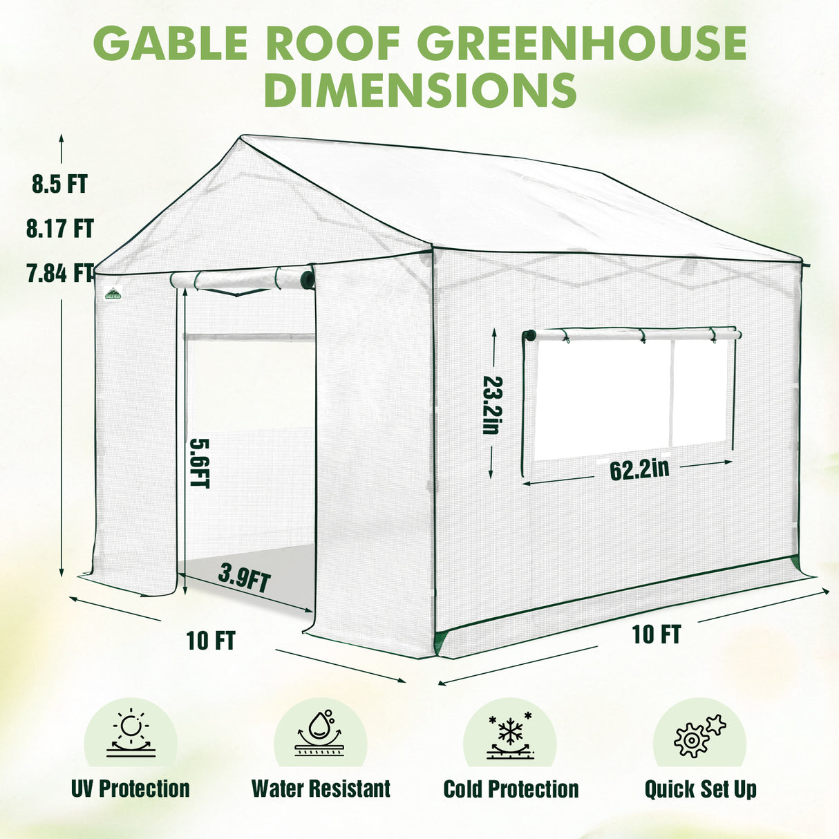 6x6/ 8x8/ 10x10 Portable Pop Up Greenhouse, Patented Center Lock with Gable Roof