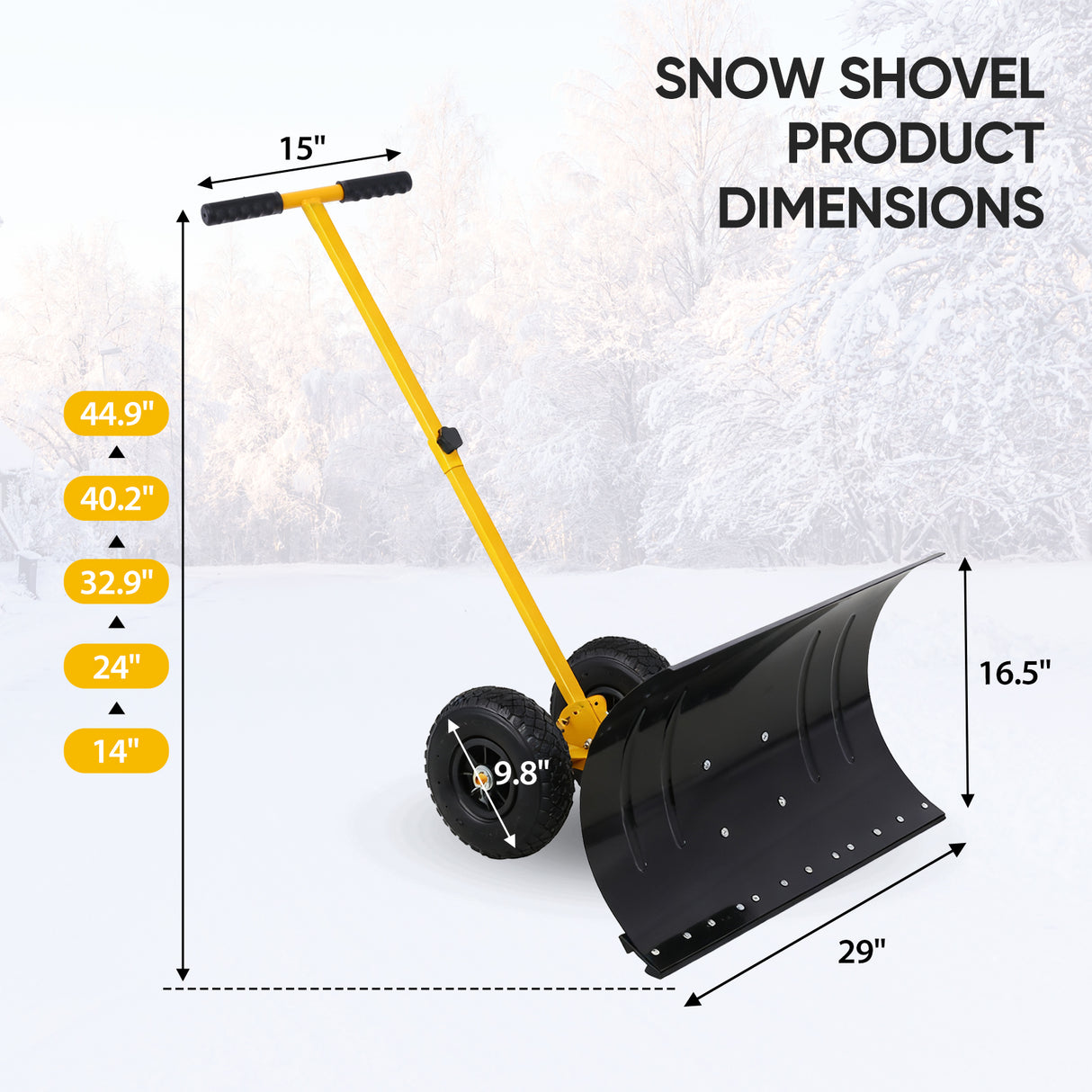 Wheeled Snow Shovel for Driveway 29”x16.5” Blade, Single/Dual Rod