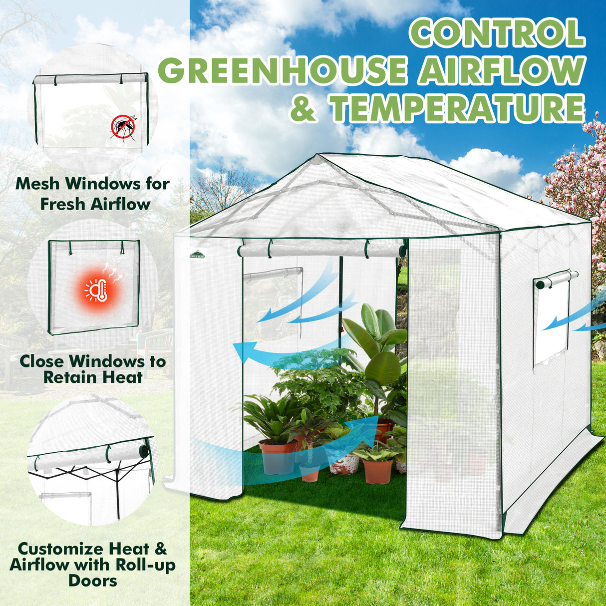 6x6/ 8x8/ 10x10 Portable Pop Up Greenhouse, Patented Center Lock with Gable Roof