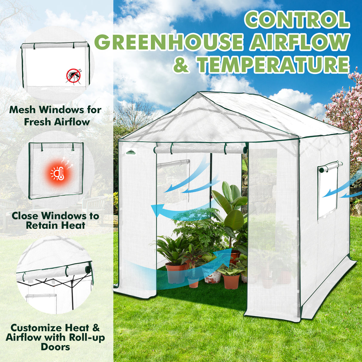 6x6/ 8x8/ 10x10 Portable Pop Up Greenhouse, Patented Center Lock with Gable Roof