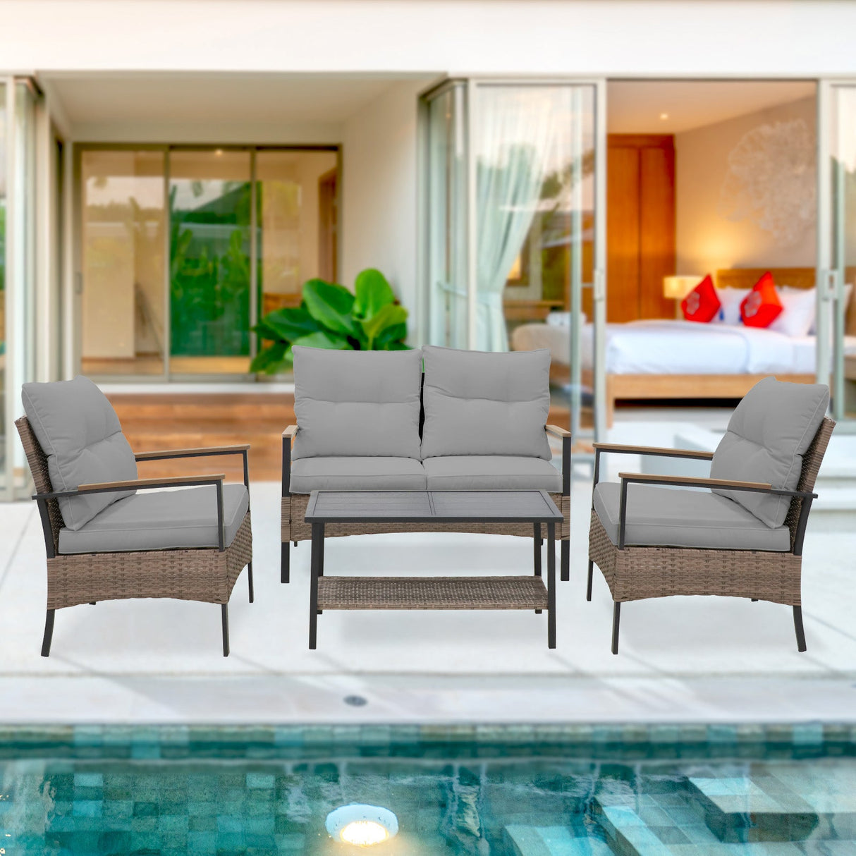 4 PCS Mojave Dusk Patio Wicker Furniture, Loveseat, 2 Patio Chairs and Coffee Table, Brown/Beige - Eagle Peak Custom Canopy Tent