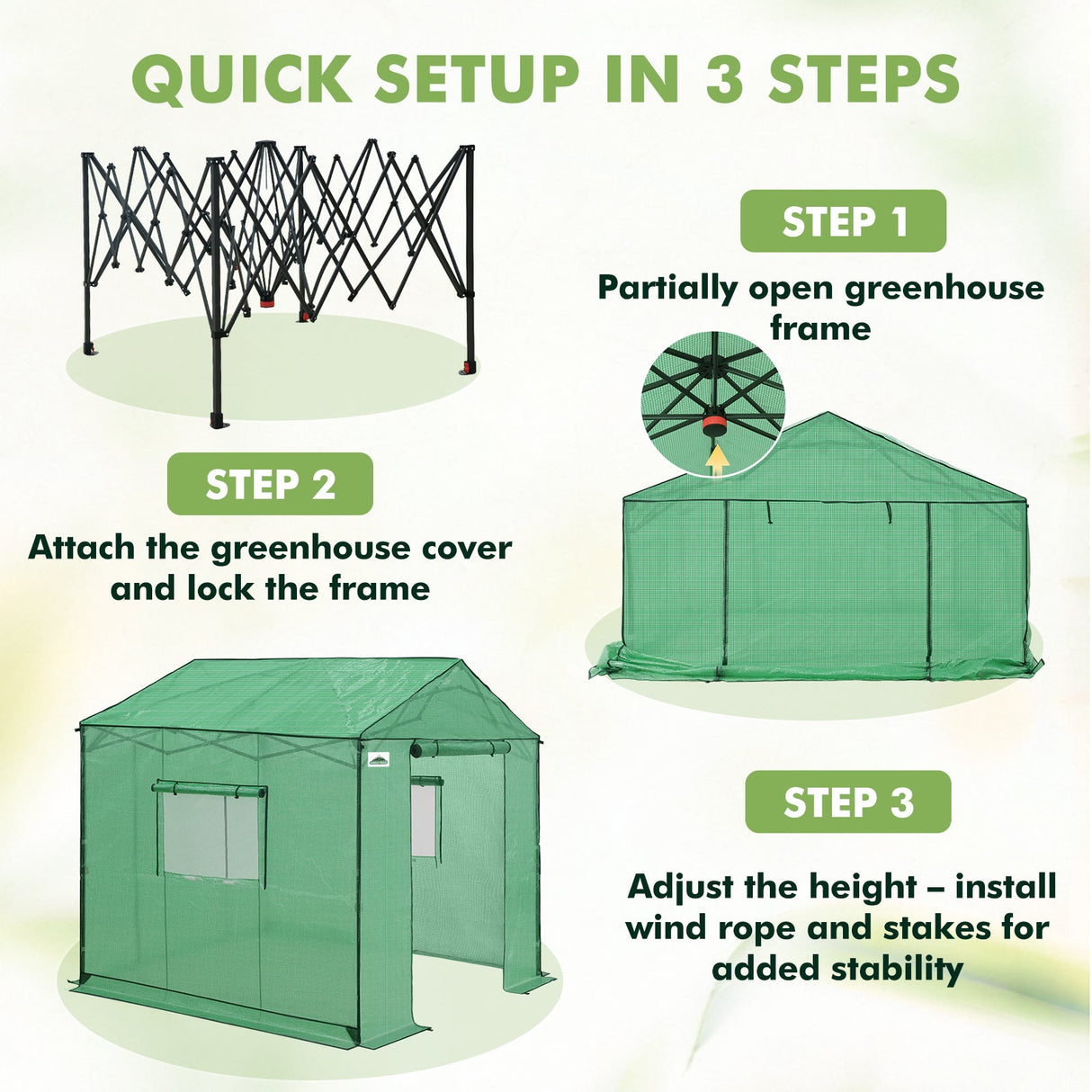 6x6/ 8x8/ 10x10 Portable Pop Up Greenhouse, Patented Center Lock with Gable Roof - Eagle Peak