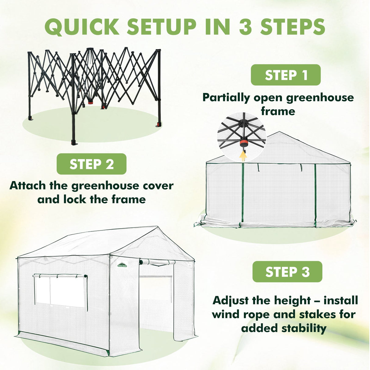 6x6/ 8x8/ 10x10 Portable Pop Up Greenhouse, Patented Center Lock with Gable Roof - Eagle Peak Custom Canopy Tent