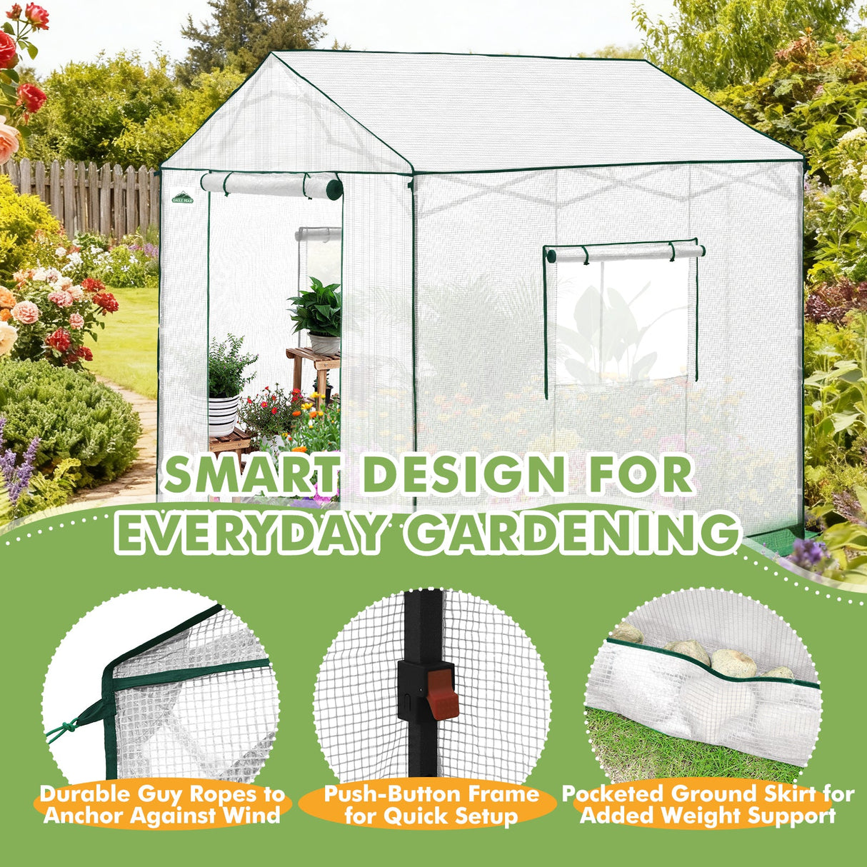 6x6/ 8x8/ 10x10 Portable Pop Up Greenhouse, Patented Center Lock with Gable Roof - Eagle Peak Custom Canopy Tent