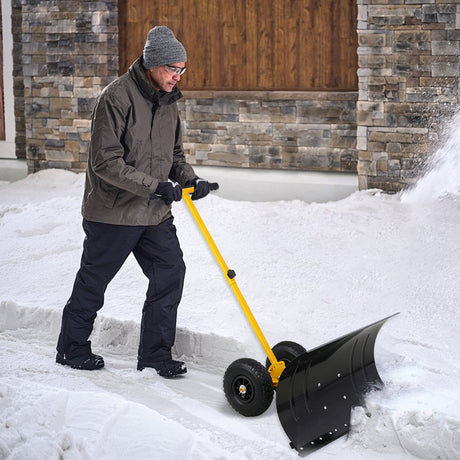 Wheeled Snow Shovel for Driveway 29”x16.5” Blade, Single/Dual Rod