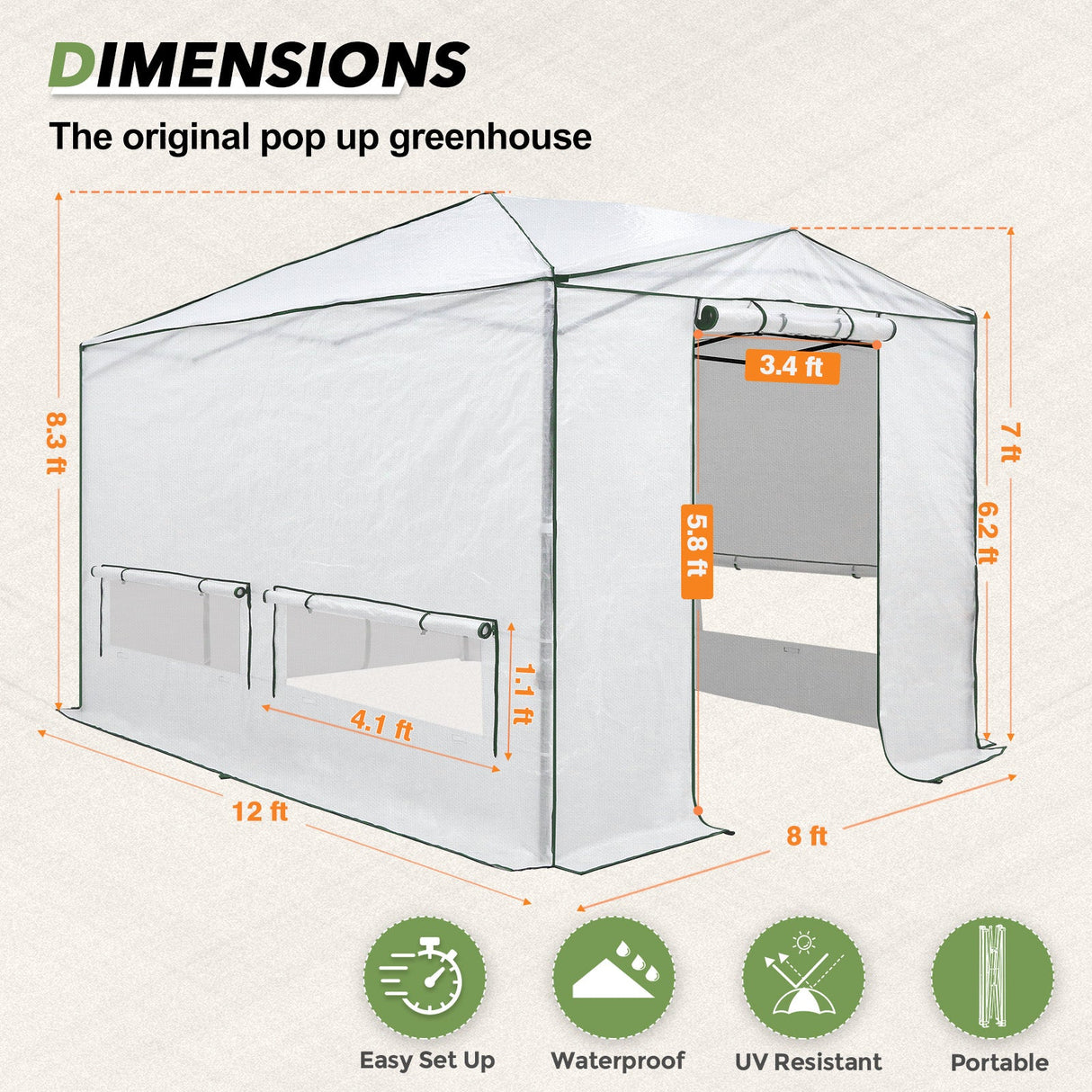 8x6/12x8 Portable Walk - in Greenhouse, Woven PE Top, White - Eagle Peak Custom Canopy Tent
