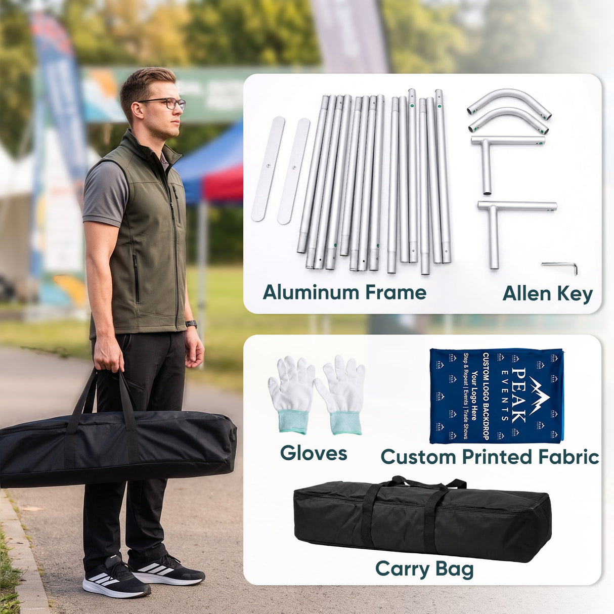 8x7.5 FT/10x7.5 FT/20x7.5 FT Custom Tension Fabric Trade Show Backdrop with Stand - Eagle Peak®