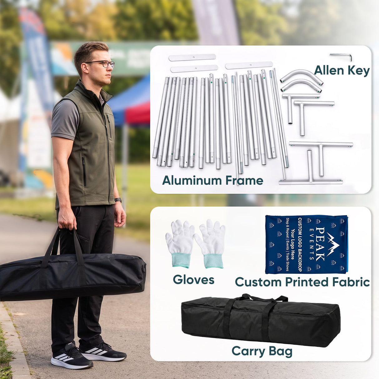 8x7.5 FT/10x7.5 FT/20x7.5 FT Custom Tension Fabric Trade Show Backdrop with Stand - Eagle Peak®
