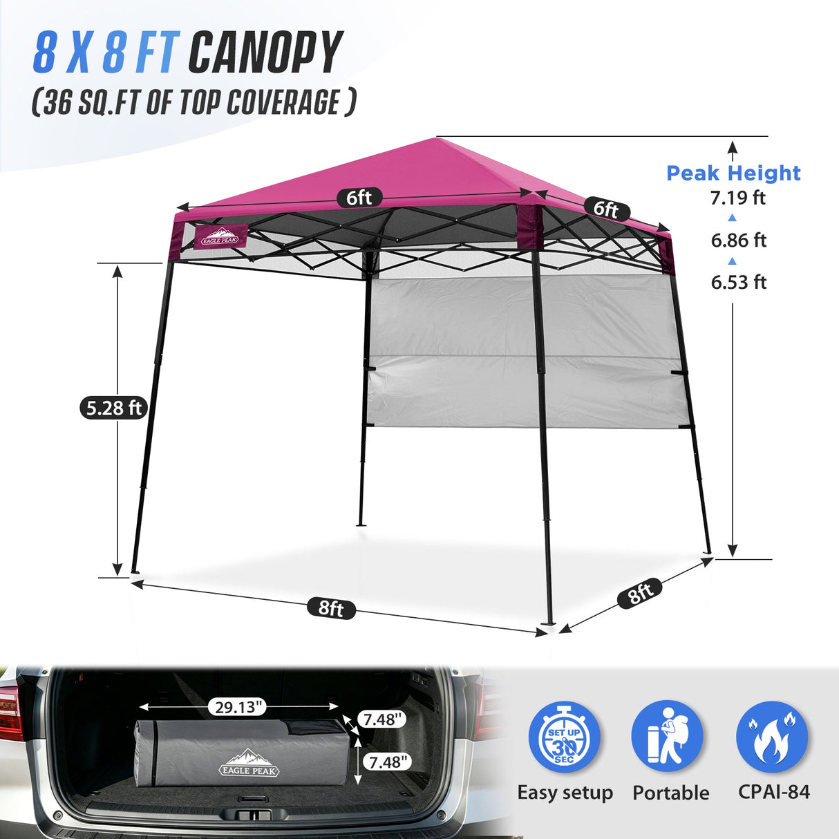 8x8 Pop Up Canopy Tent with Sidewall,8x8 Base 6x6 Top - Eagle Peak®
