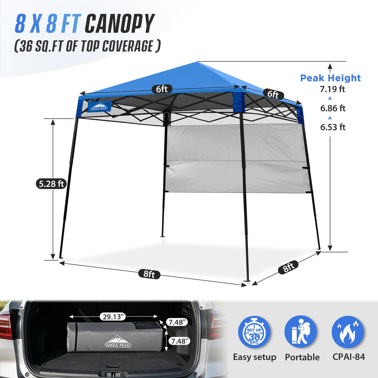 8x8 Pop Up Canopy Tent with Sidewall,8x8 Base 6x6 Top - Eagle Peak®