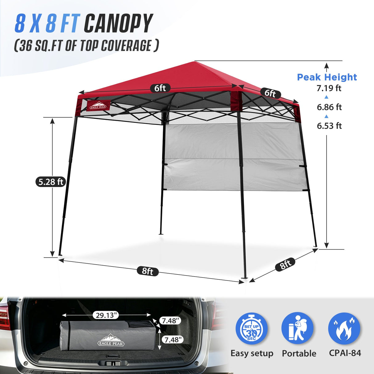 8x8 Pop Up Canopy Tent with Sidewall,8x8 Base 6x6 Top - Eagle Peak®