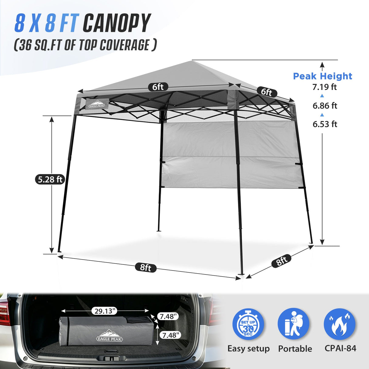 8x8 Pop Up Canopy Tent with Sidewall,8x8 Base 6x6 Top - Eagle Peak®