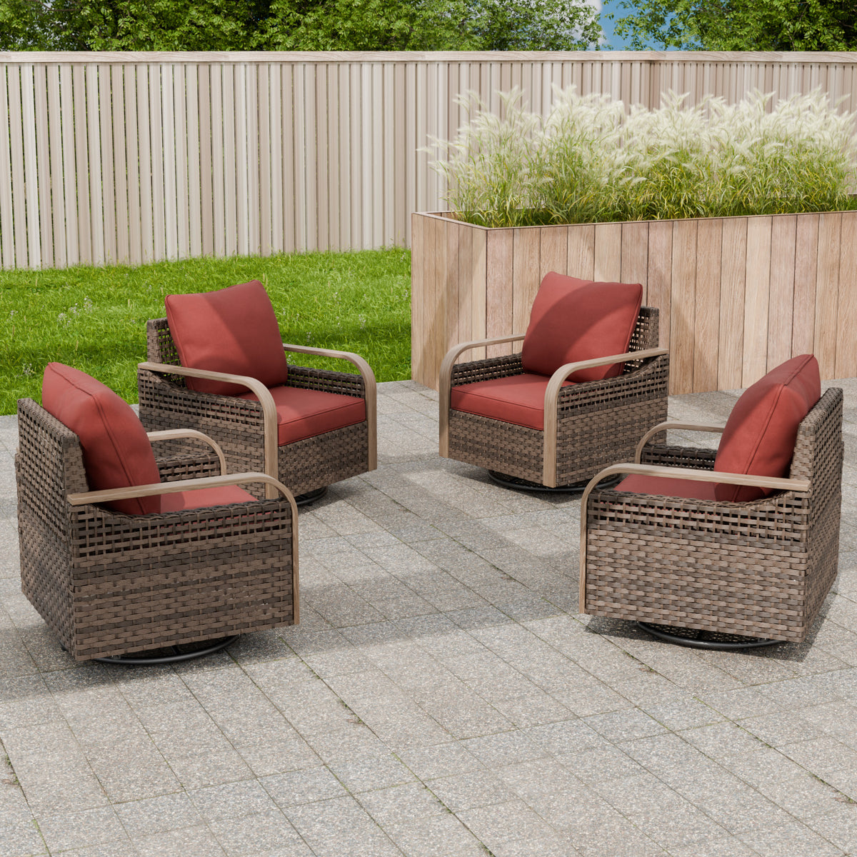 Modern Wicker Outdoor Glider Rocking Chair,4 Chairs, Brown/Gray