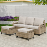 Modern Wicker 3 Piece Outdoor Patio Furniture Set, a 3-Seat Loveseat and 2 Ottomans