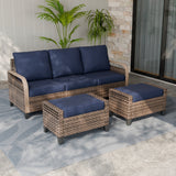 Modern Wicker 3 Piece Outdoor Patio Furniture Set, a 3-Seat Loveseat and 2 Ottomans
