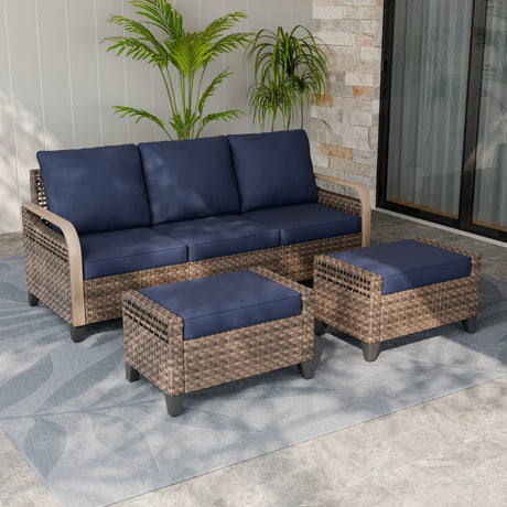 Modern Wicker 3 Piece Outdoor Patio Furniture Set, a 3-Seat Loveseat and 2 Ottomans