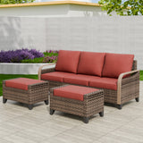 Modern Wicker 3 Piece Outdoor Patio Furniture Set, a 3-Seat Loveseat and 2 Ottomans