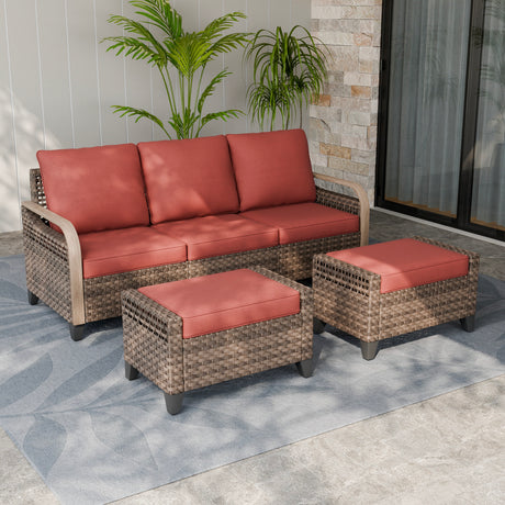 Modern Wicker 3 Piece Outdoor Patio Furniture Set, a 3-Seat Loveseat and 2 Ottomans