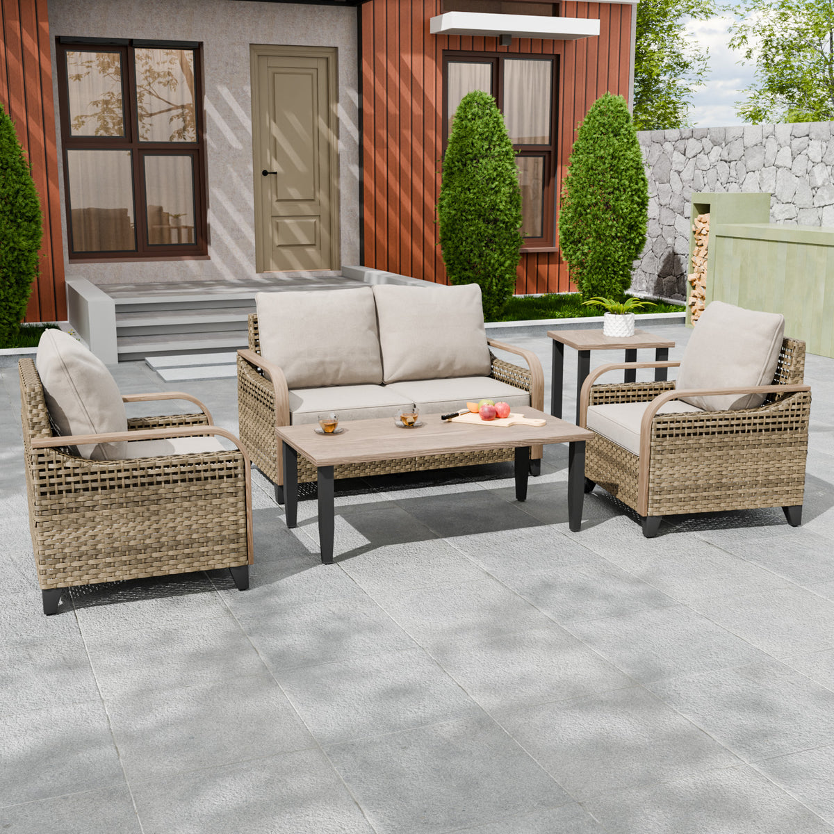 Modern Wicker Outdoor Patio Furniture Set,2 Patio Chairs, 2-Seat Loveseat, Coffee Table and Side Table, 5 Pieces, Brown/Gray