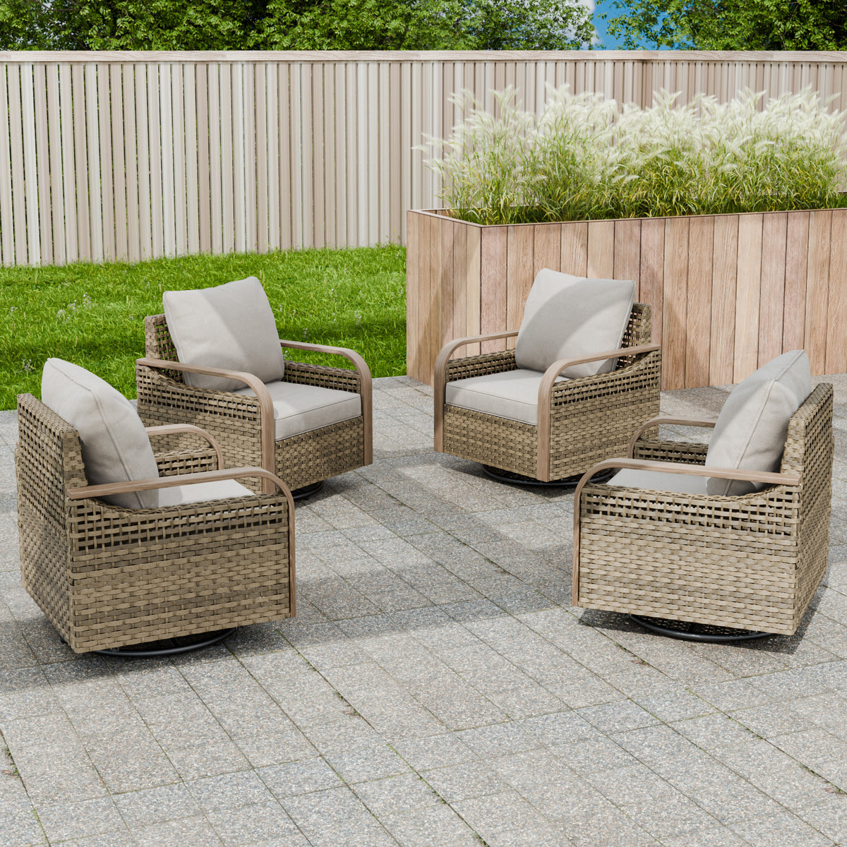 Modern Wicker Outdoor Glider Rocking Chair,4 Chairs, Brown/Gray